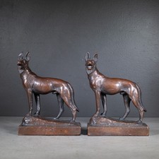 Antique 1920s Paul Herzel Signed Pompeian Bronze Clad German Shepherd Bookends picture