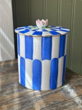 Vintage Gold China Occupied Japan Striped Porcelain Canister Pink Lily Lid picture