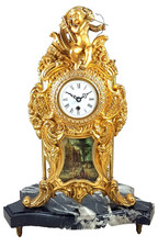 Antique mantel clock, table clock, marble, bronze, porcelain, Louis XV, picture