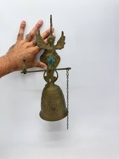 Vintage Brass Monastery Wall Bell Angel Pull Chain Latin Inscription 2.7 lb picture