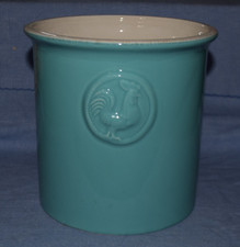 Home Essentials Teal & White Ceramic Crock Utensil Holder w/ Embossed Rooster picture