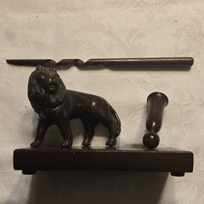Vintage Hand Carved Wood Lion Desk Pen Stand Holder Set - Mid Century Folk Art picture