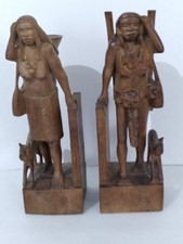 Antique Hand Carved Wood Igorot Tribal Sculptures of Hunter and Female Bookends picture