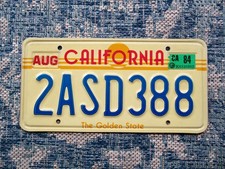 1984 California License Plate 2ASD388 The Golden State Rising Sun Base Mint picture