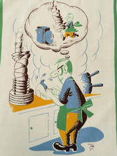 Vintage Tea Towel MCM 1950s 1960s Man Washing Dishes Cartoon Signed picture