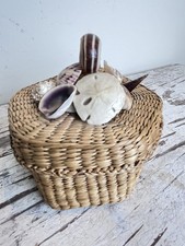 Vintage Nautical Six-Sided Woven Seagrass Basket W/Shell Cluster On Lid 4.5” picture