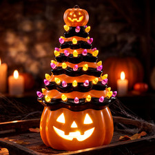 8.5 Inch Halloween Orange Pumpkin Ceramic Tree with Multicolor Bulbs, LED Light picture