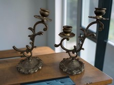 Vintage Victorian French Rococo Spelter Cast Metal Candelabra Pair 17cm 917g picture