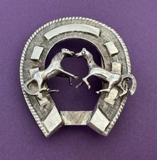 VTG Old Western Unbranded Sterling Silver Lucky Horseshoe & Horses Belt Buckle picture