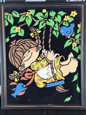 Vintage 1970s Flocked Velvet Art Boy Fishing Girl Swing Framed Pair Retro picture