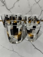 Set of 10 Vintage MCM Atomic Starburst Whiskey Glass Mixed 2 Sizes Black Gold picture