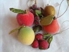 Vtg Ornaments- MNI SIZE SUGAR FROSTED FRUIT- PEAR, BERRY/GRAPE, LEMON & APPLES picture