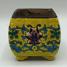 Antique Japanese Satsuma Square Footed Pot Crackle Glaze Floral Enamel c.1900 picture