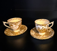 Royal Crown Derby Bone China White & Gold Tea Cups “Gold Aves” Vintage 60s set picture