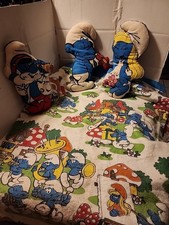Twin 1980 Smurfs Blanket With Silk Trim And 3 Vintage Pillow S To Match picture
