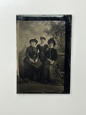 Antique Tintype 3 Women Victorian Portrait Fancy Hats Dresses 1/6 Plate picture