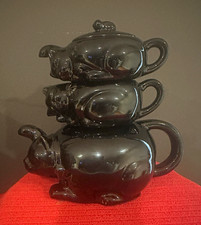 Vintage 1950’s Stacking Black Cat 3 piece tea set made of gloss redware ceramic. picture