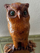 Vintage Chinese Rattan Wicker Owl Figurine Mid-Century Green Eyes picture