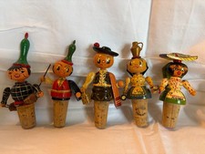 SET OF 5 VINTAGE WOODEN BOTTLE STOPPERS WITH CORKS PORTUGAL FINOBRI HAND PAINTED picture