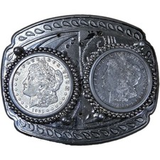 (2) Genuine 1921 Morgan Silver Dollars Held In Vintage Belt Buckle picture