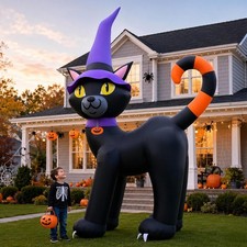 14FT Halloween Inflatable Black Cat with Witch Hat & Pumpkin Decor picture