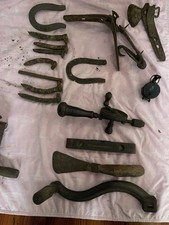 Vintage Antique Tool & Iron Hardware Lot - Old Drill, Level, Spikes & Horseshoes picture