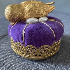 Victorian gilt brass and purple velvet trinket bird pin cushion with feet 3” picture