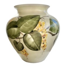 CHARLETON GLASS Vintage Floral Vase Green Leaves w/ Yellow Cascading Blossoms picture