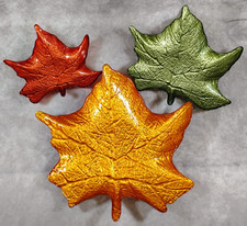 Glass Maple Leaf Dishes Set 3 Fall Thanksgiving Serving Plates Gold Green Red picture