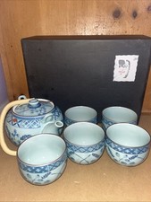 Vintage Arita Japan Porcelain Tea Set: Tea pot & Five Tea Cups Blue.🇯🇵 picture