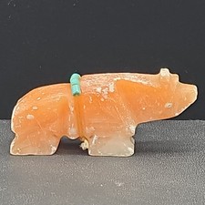 Vintage Zuni Fetish Bear Carving Hand-Carved Orange Alabaster & Turquoise picture