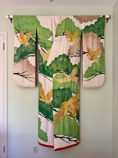 Vintage Japanese Uchikake Wedding Kimono Robe White Green Silk Gold Crane picture