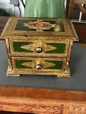 Vintage Florentine Italian Wooden 2 Drawer Jewelry Box Green & Gold Gilt Italy picture
