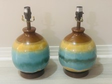 Set Mid Century Ceramic Table Lamps Drip Glaze Pair 2 Vintage 1970s? WORKING picture