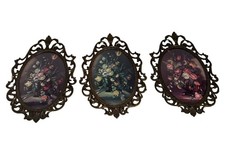 Vtg Set Of 3 Oval Ornate Convex Flowers Pictures. Made In Italy picture