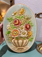 Vintage 3D hand-painted chalkware or plaster relief floral wall plaque picture