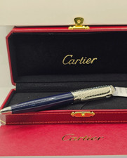 SALE - Cartier Iced Blue Guilloche Ballpoint Pen Silver Trim Luxury Writing Gift picture