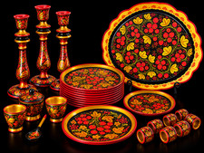 Vintage Russian Khokhloma Lacquerware 24-piece Collection Hand-Painted picture