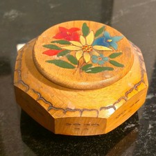 Vintage Folk Art Jewelry box Trinket dish Wood Hand painted Handmade Floral Art picture