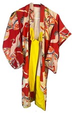 Vintage Japanese Child’s Silk Hand Madevkimino Red W/multi Cranes Floral picture
