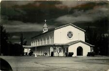 Church with Bell Tower Steeple Cross parking lot Stained Glass Win RPPC Postcard picture