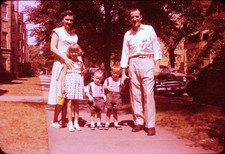 c1950s Ektachrome 35mm Slide FAMILY POSING ON SIDEWALK PARKED CARS BACKGROUND picture
