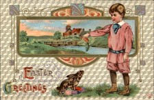 Easter Boy with Easter Bunny Animals Bamforth c1910s-20s Vintage Postcard picture