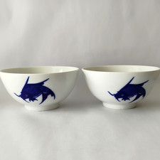 2 Vintage B7 Durable Chinaware Cobalt Blue White Koi Fish Rice Bowls 5 Inch picture