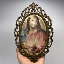 Vintage Jesus Sacred Heart Icon Bronze Brass Frame Religious Wall Art 1990s picture
