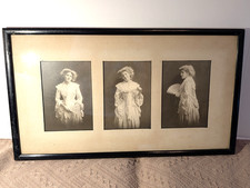 Antique Victorian Edward1an Framed Photos Triptych Gibson Girl Woman Fan 1900's picture