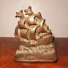 Antique Heavy Cast Iron Copper Washed Sailing Ship Bookend Marked 124 picture