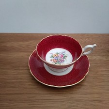 Vtg Coalport Teacup & Saucer Artist Signed Floral Pattern 1750 Speckled Burgundy picture