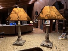 Pair Vintage Table Lamps Ellis Island Immigrant Mica Photo Shade - Aug. Sherman picture