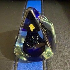 24K Michael J. Reid vtg studio art glass paperweight real gold cobalt blue picture
